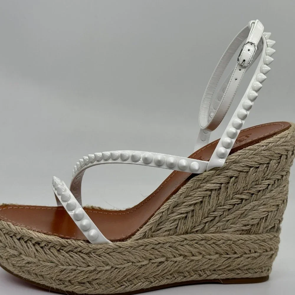 Christian Louboutin White Studded Espadrille Wedge Sandals